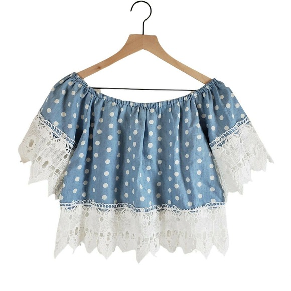 Iris Blue Crochet Crop Top Off Shoulder Womens Size S Boho Festival Polk Dot - Picture 4 of 7
